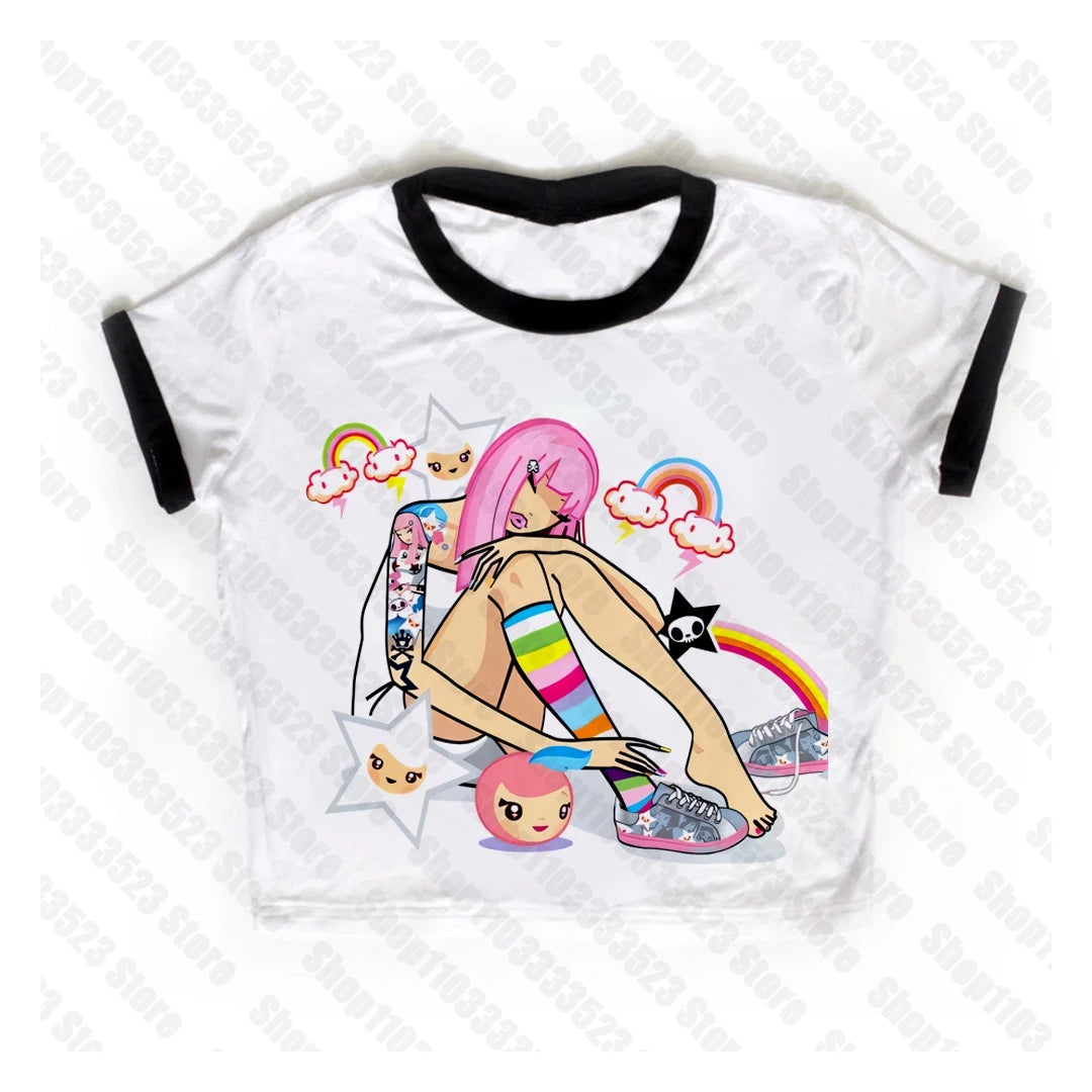 2000s E-girl Goth Women Vest Tank Top Aesthetic Streetwear Vintage Casual Short Sleeve T-Shirts Punk Y2k Style Clothes Baby Tees