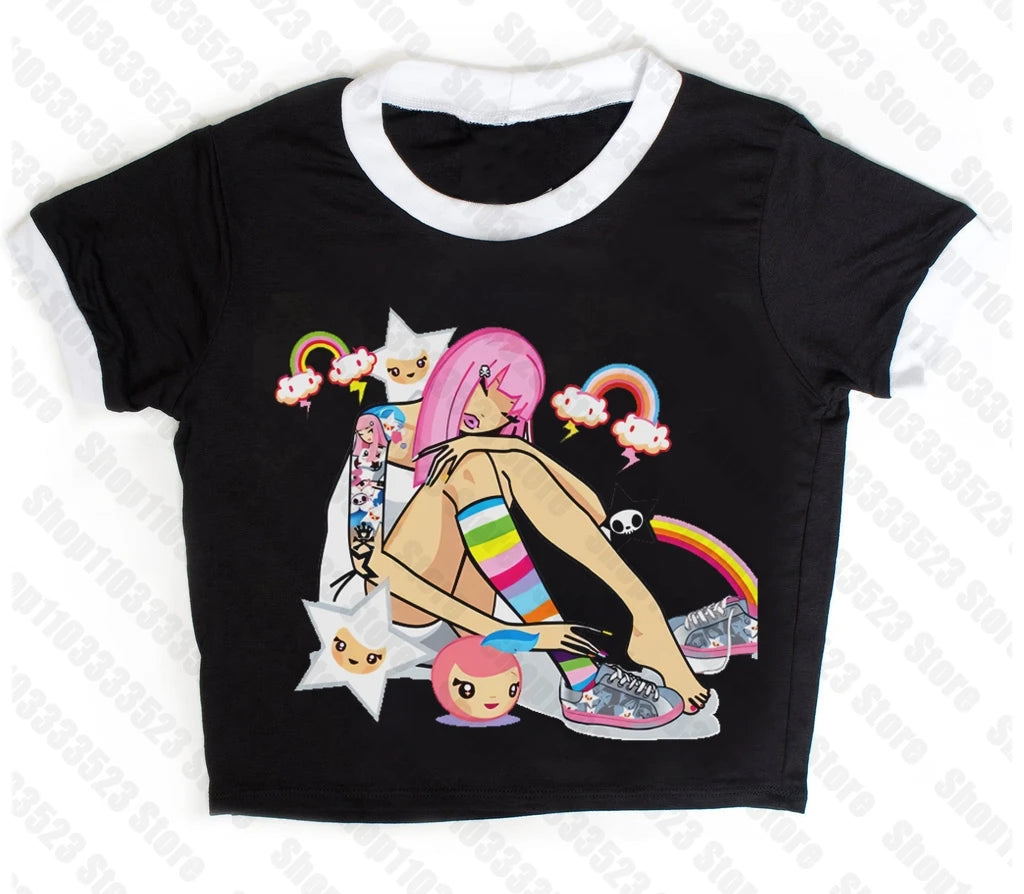 2000s E-girl Goth Women Vest Tank Top Aesthetic Streetwear Vintage Casual Short Sleeve T-Shirts Punk Y2k Style Clothes Baby Tees