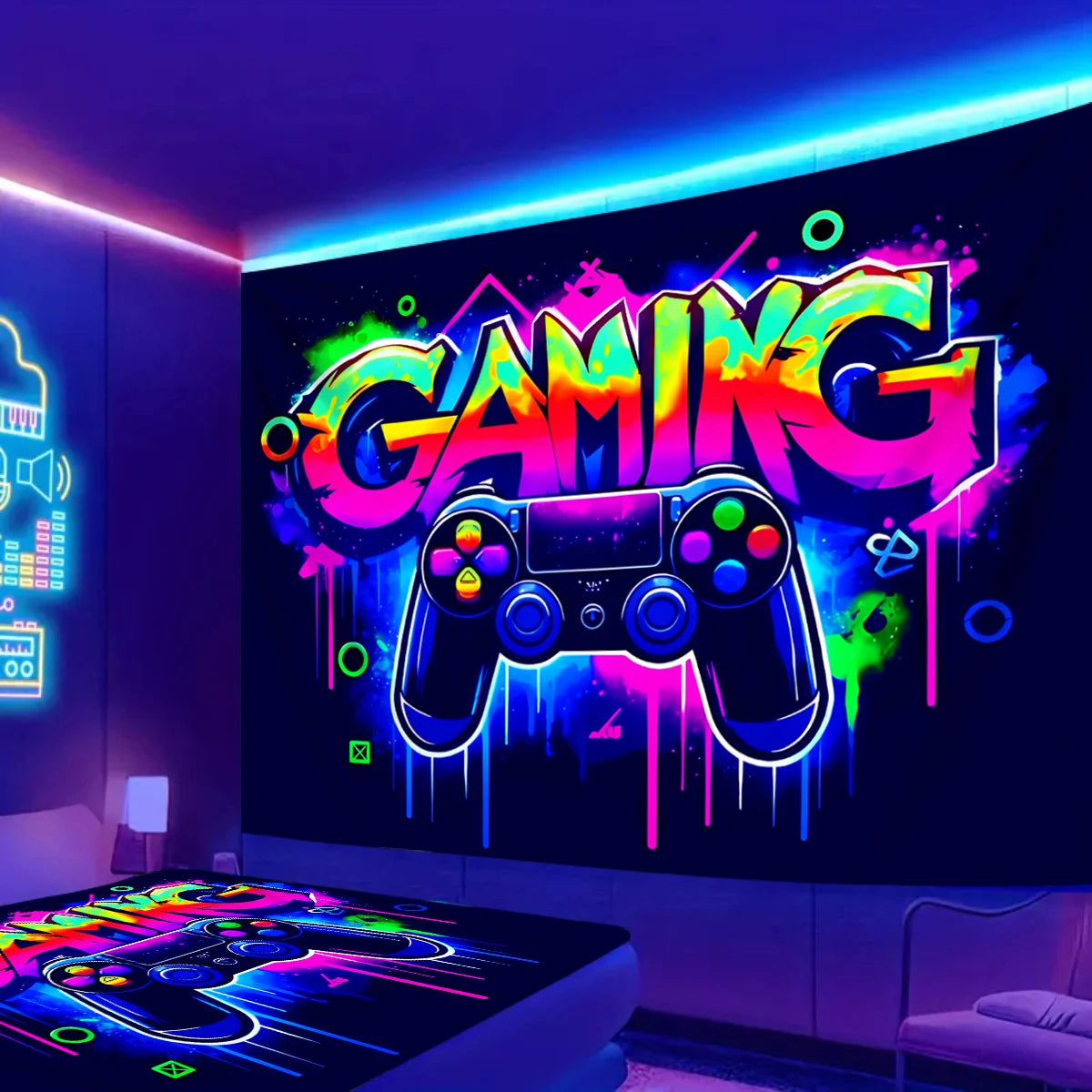1pc Game controller fluorescent tapestry, UV reactive tapestry, e-sports room, e-sports club background decoration wall hanging