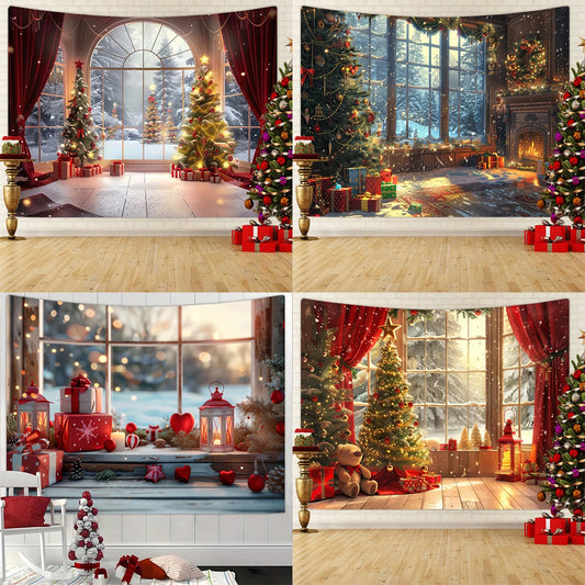 1pc Christmas tapestry, snow background banner outside the Christmas tree window, Christmas fireplace tapestry