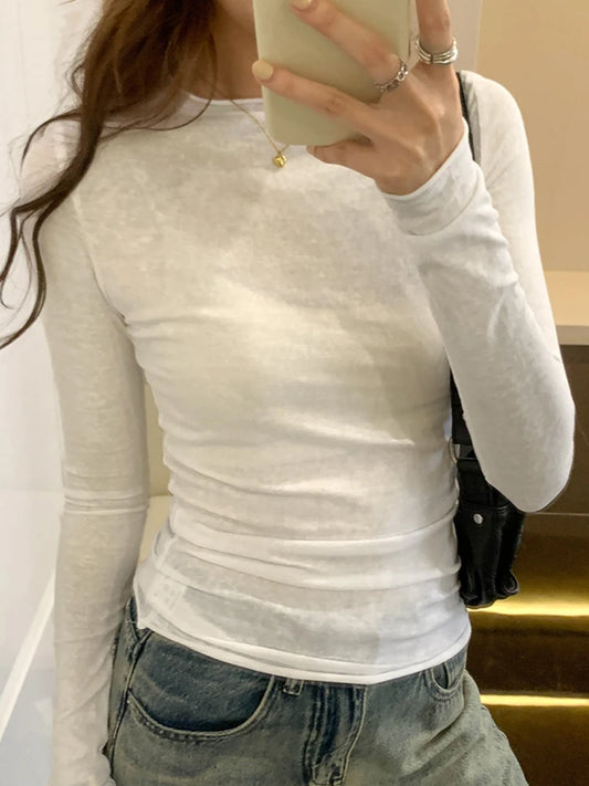 2025 Spring Autumn T shirt Women Tops Solid Slim Fit Long Sleeve O Neck Tshirts Female Casual Streetwear High Quality Base Tees