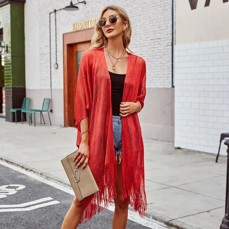 2025 Swimsuit Cover-ups  Fashion Tassel Gold Bikini Beach Cover Up Sexy Beach Dress Tunics for Women Summer Wear See Through