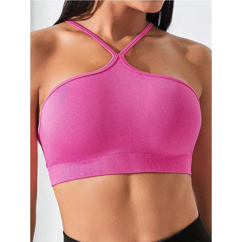 Women's Criss Cross Slim Fit Sports Cami Top Seamless Halter Crop Tee Shirt Tops Workout Tops