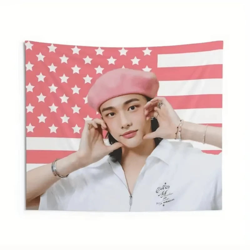 1PC Stray Kids Hyunjin K-Pop American Flag Tapestry | Perfect for Dorm Living Room & Bedroom Decor (Flat Print)