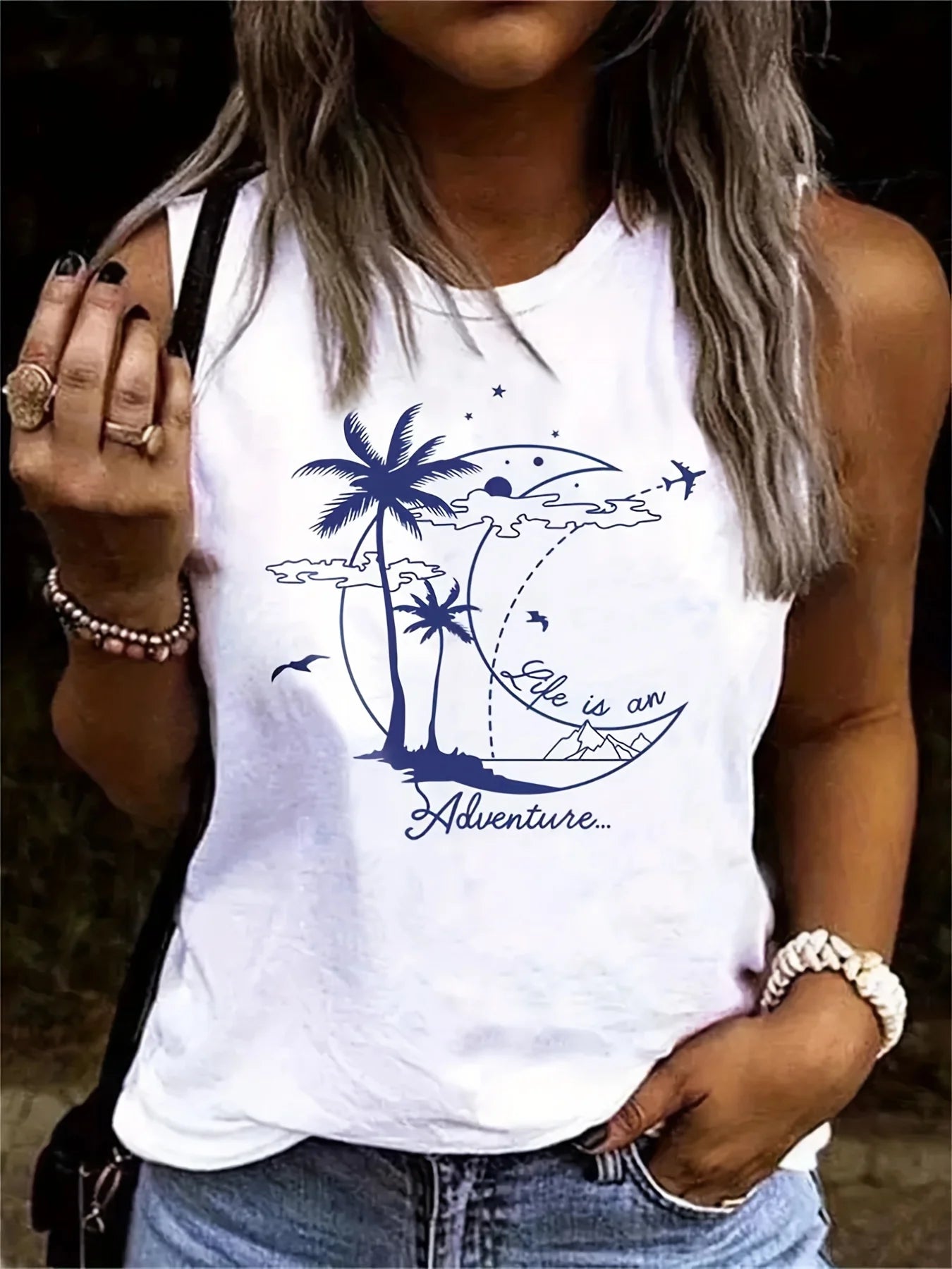 Women's Summer Coconut Tree Print Large Casual Sleeveless Loose Tank Top T-shirt