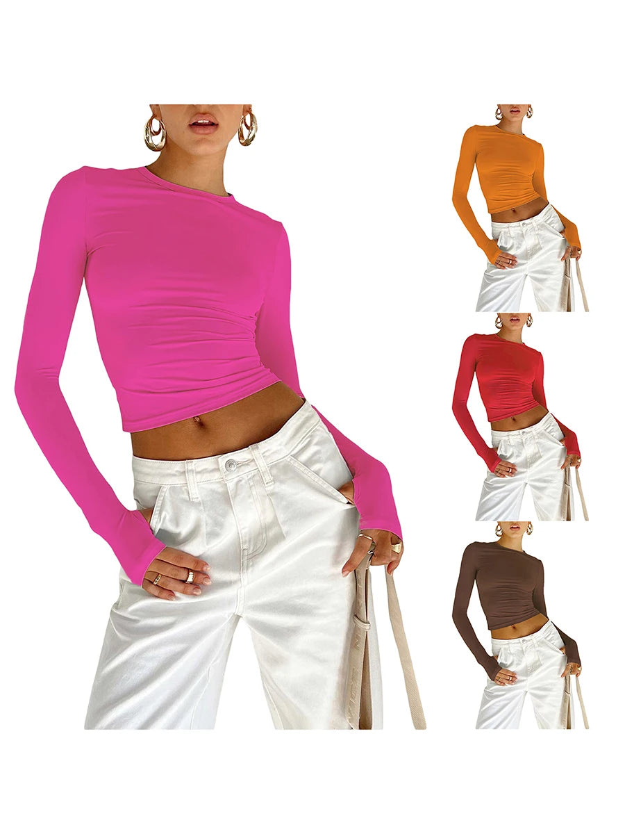 Women T-shirt, Long Sleeve Crew Neck Solid Slim Fit Ladies Crop Top with Thumb Holes for Daily Street