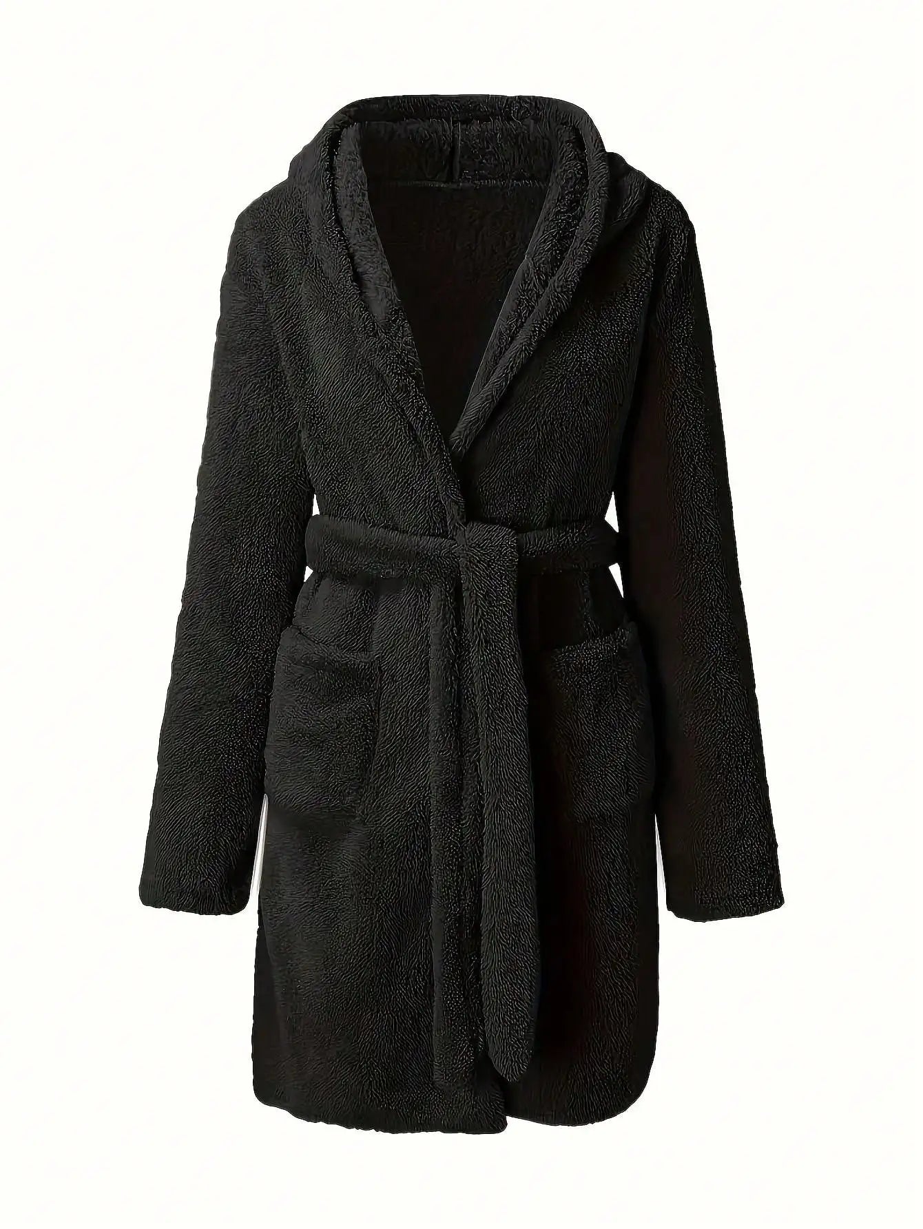 1 piece of women's solid color hooded robe with belt, cozy and warm fleece pajamas for home wear in autumn and winter.