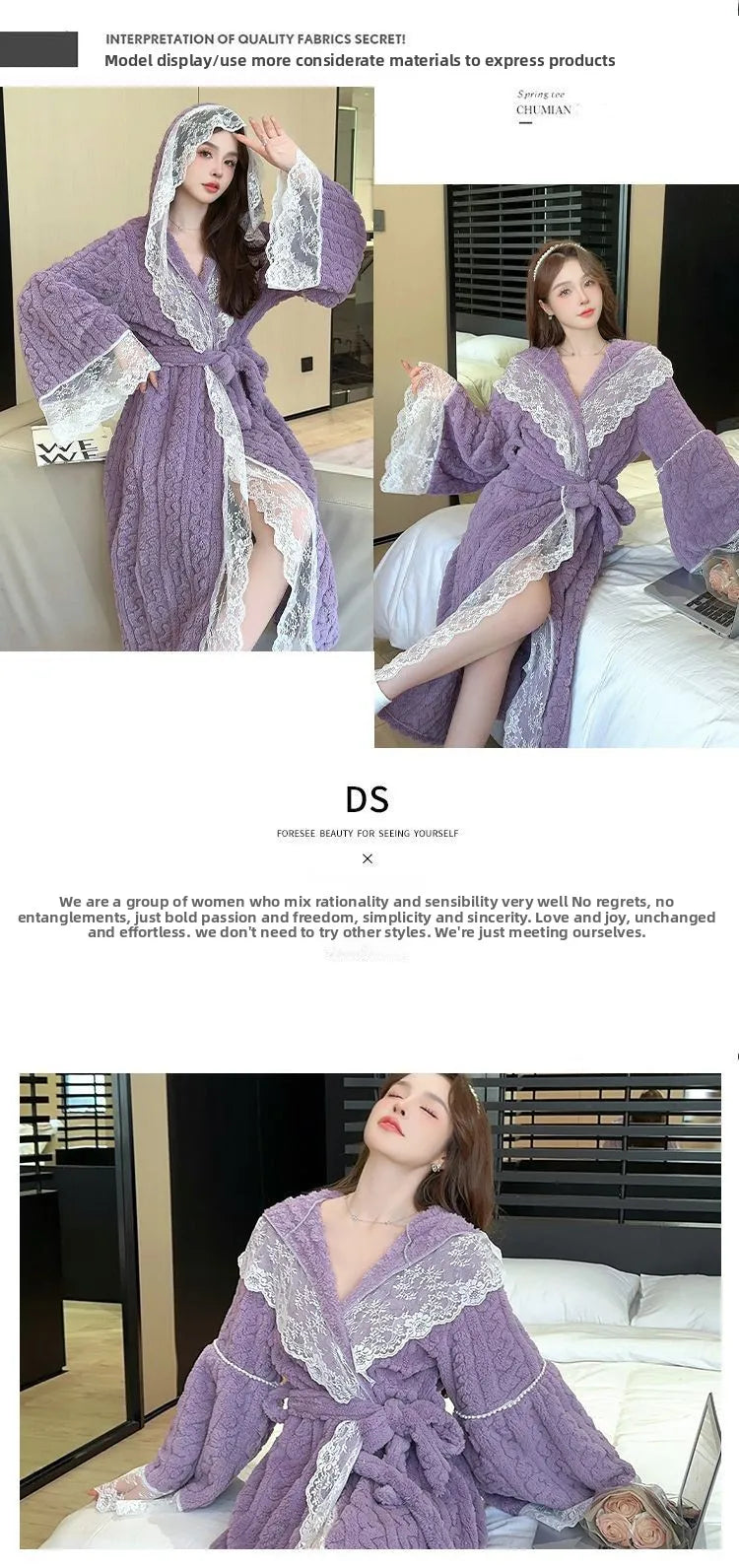 Women's Autumn and Winter Delicate Lace Edge Nightgown, Small Fragrant Pajamas, Piled and Thickened To Keep Warm Bath Robe Women