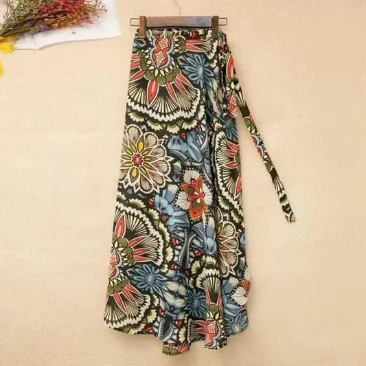 2026 Summer Beach Floral Skirt for Women Cotton High Waist Wrap Maxi Skirt Long with Side Slit & Tie Detail Boho Style Design