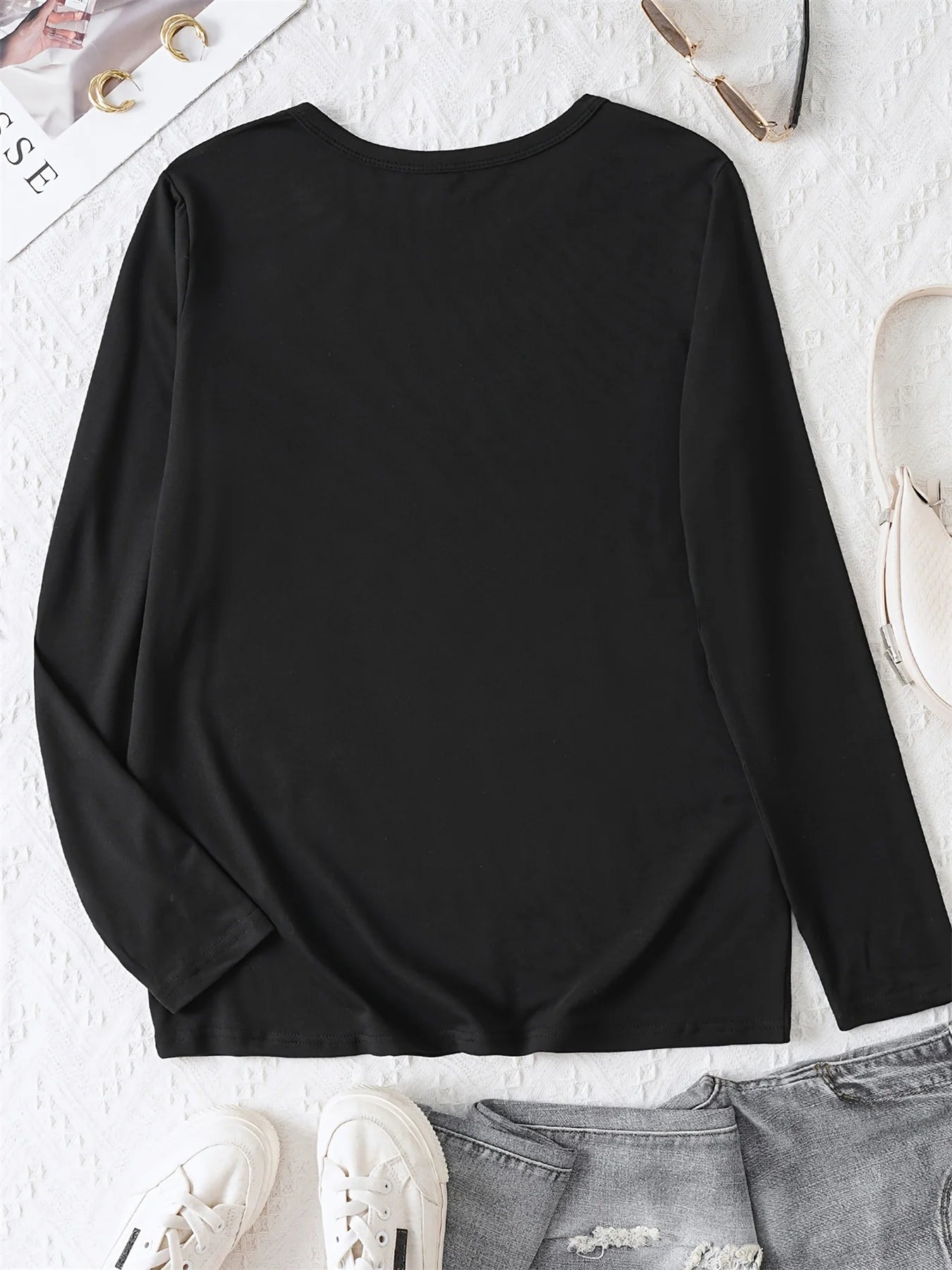 100% pure cotton women's spring and autumn comfortable casual long sleeved Paris graphic printed round neck T-shirt