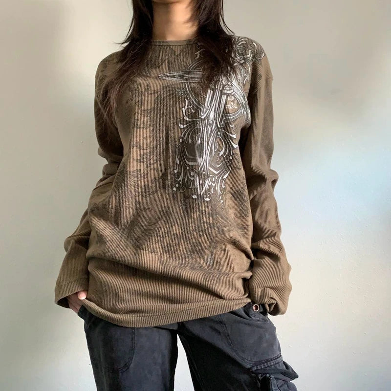 2000s Y2K Cyber Grunge Vintage T-shirt Graphic Print O Neck Long Sleeve Tee Women Slim Fit Crop Tops EGirl Skater Emo Streetwear