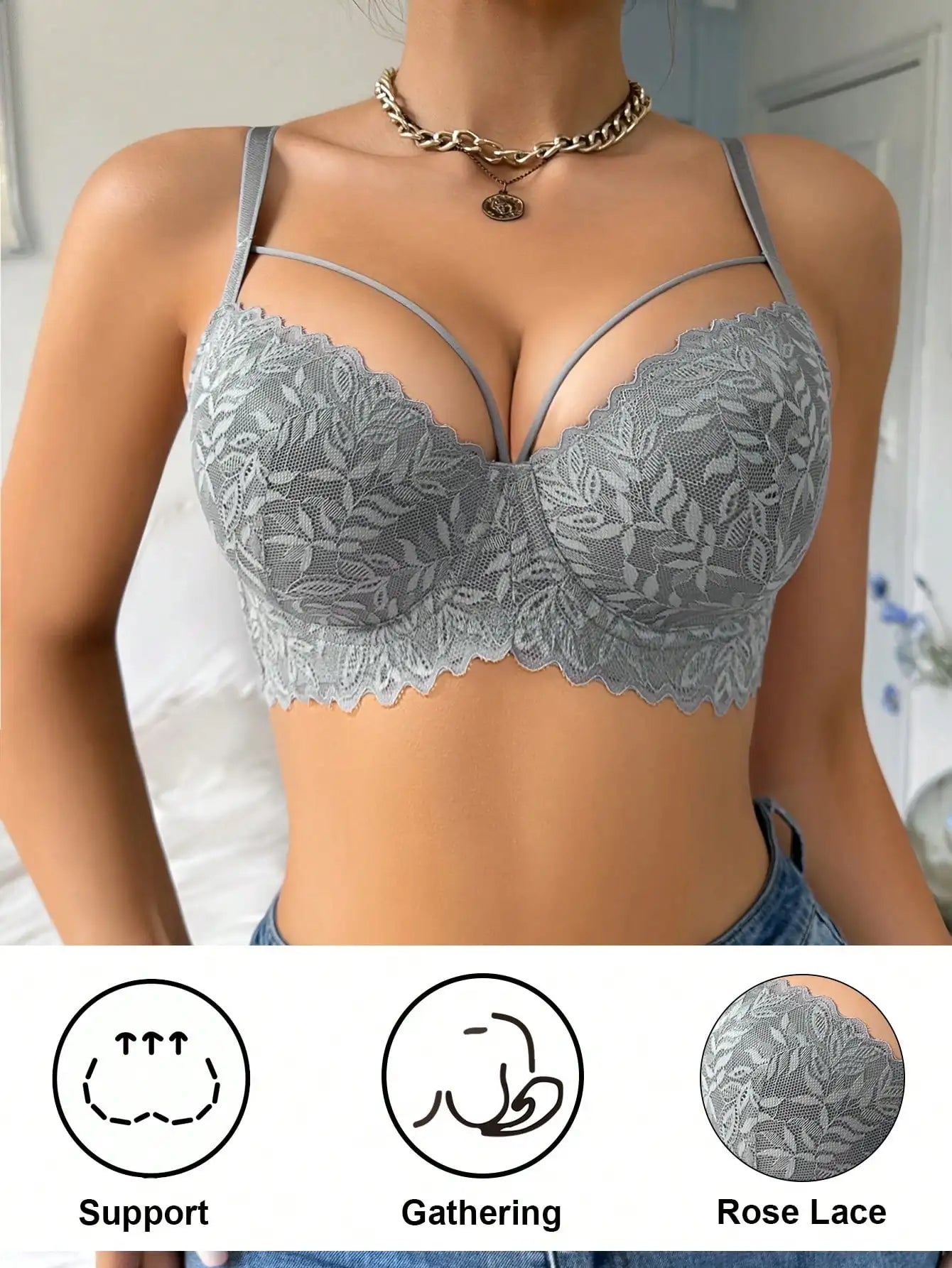 Women's thin 3/4 lace bra, sexy and beautiful push-up bra, anti-sagging, comfortable and breathable underwire bra