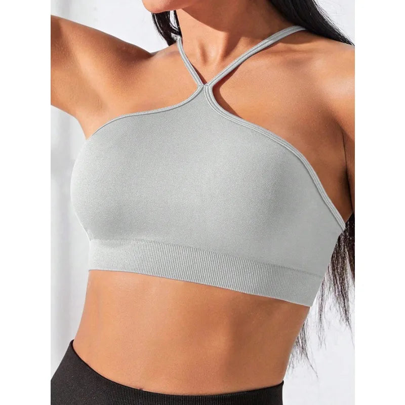 Women's Criss Cross Slim Fit Sports Cami Top Seamless Halter Crop Tee Shirt Tops Workout Tops