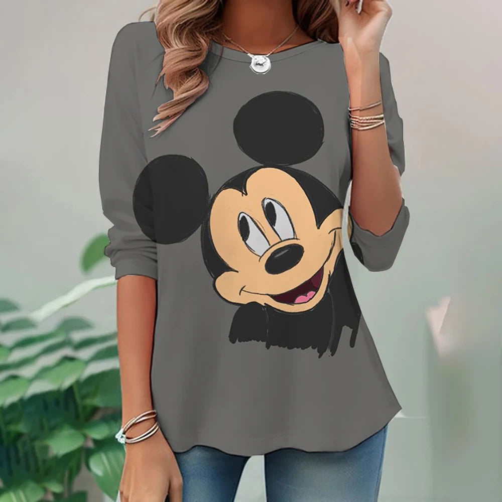 Women's Spring and Autumn New S-3XL Large T-shirt Solid Color Long Sleeve Loose Disney's Mickey Mouse Casual Harajuku Waist T-sh