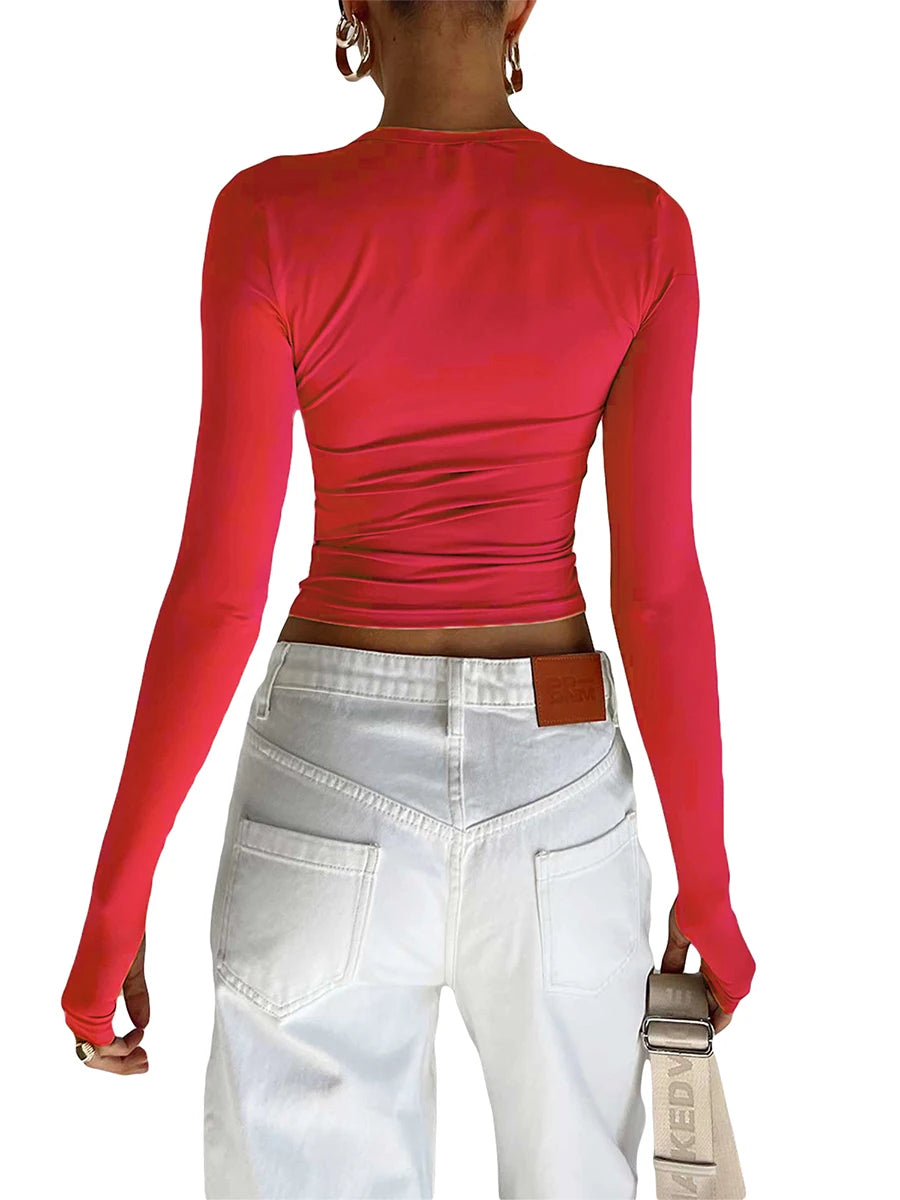Women T-shirt, Long Sleeve Crew Neck Solid Slim Fit Ladies Crop Top with Thumb Holes for Daily Street