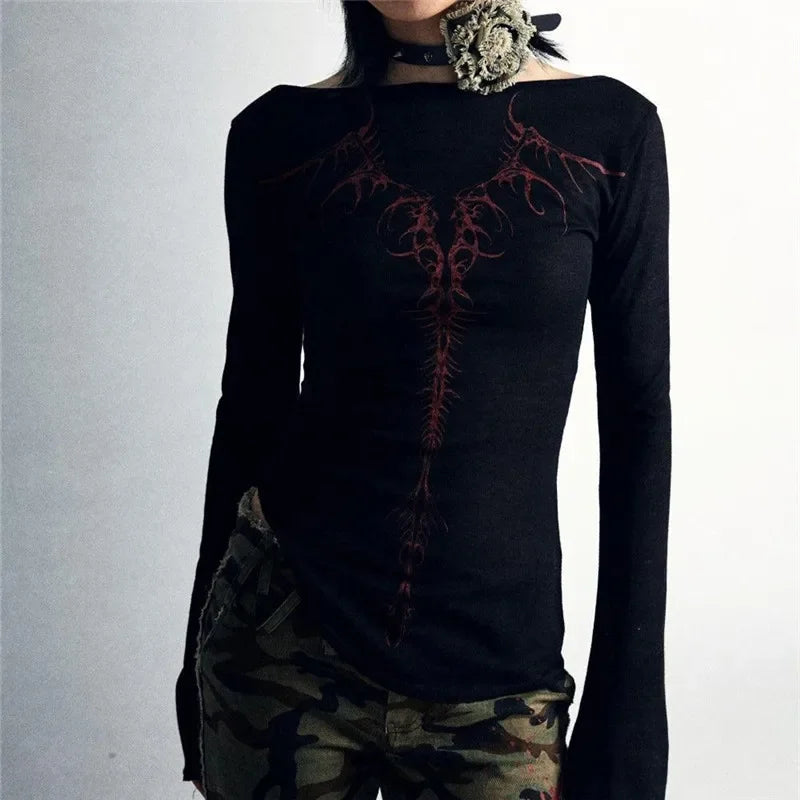 2000s Y2K Cyber Grunge Vintage T-shirt Graphic Print O Neck Long Sleeve Tee Women Slim Fit Crop Tops EGirl Skater Emo Streetwear