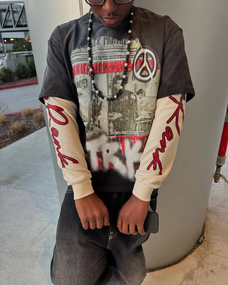 Y2k High Street Clothing Harajuku Letter Pattern Oversized T-shirt Men's Trendy Fashion Casual Loose Fake Two Piece Top