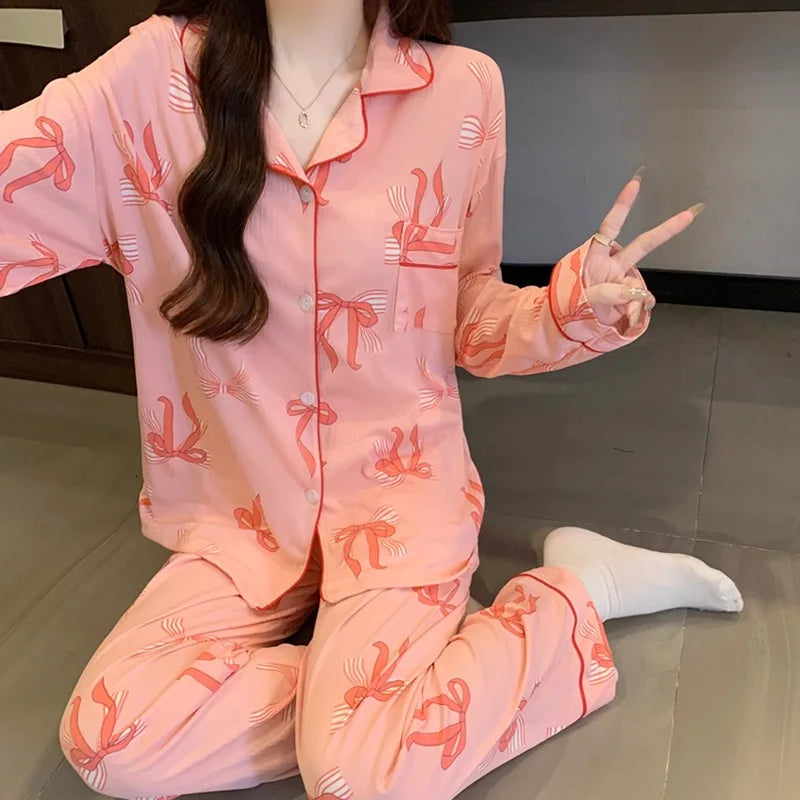 Women's Pajamas Set Bow Print Sleepwear Button Down Tops Long Pajama 2 Piece Suit Pyjama Femme Nightwear Loungewear for Winter
