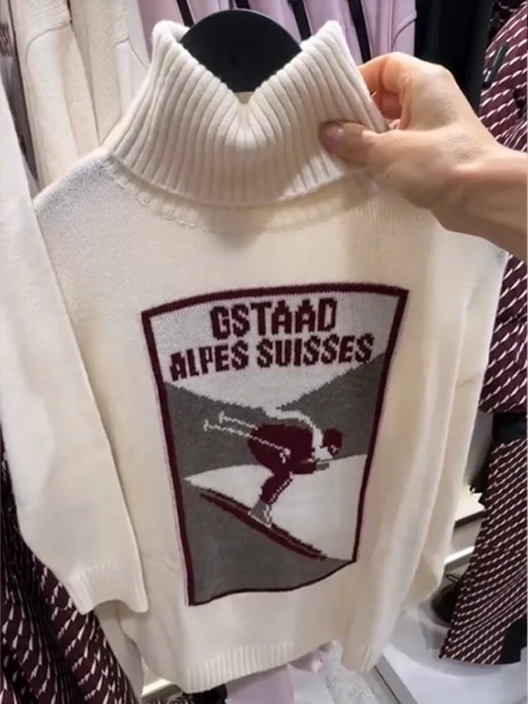 Women's 2 Pcs Suits Printed Pullover Sweater Pants Sets Street Female Turtleneck Long Sleeve Tops High Waist Trousers New Outfit