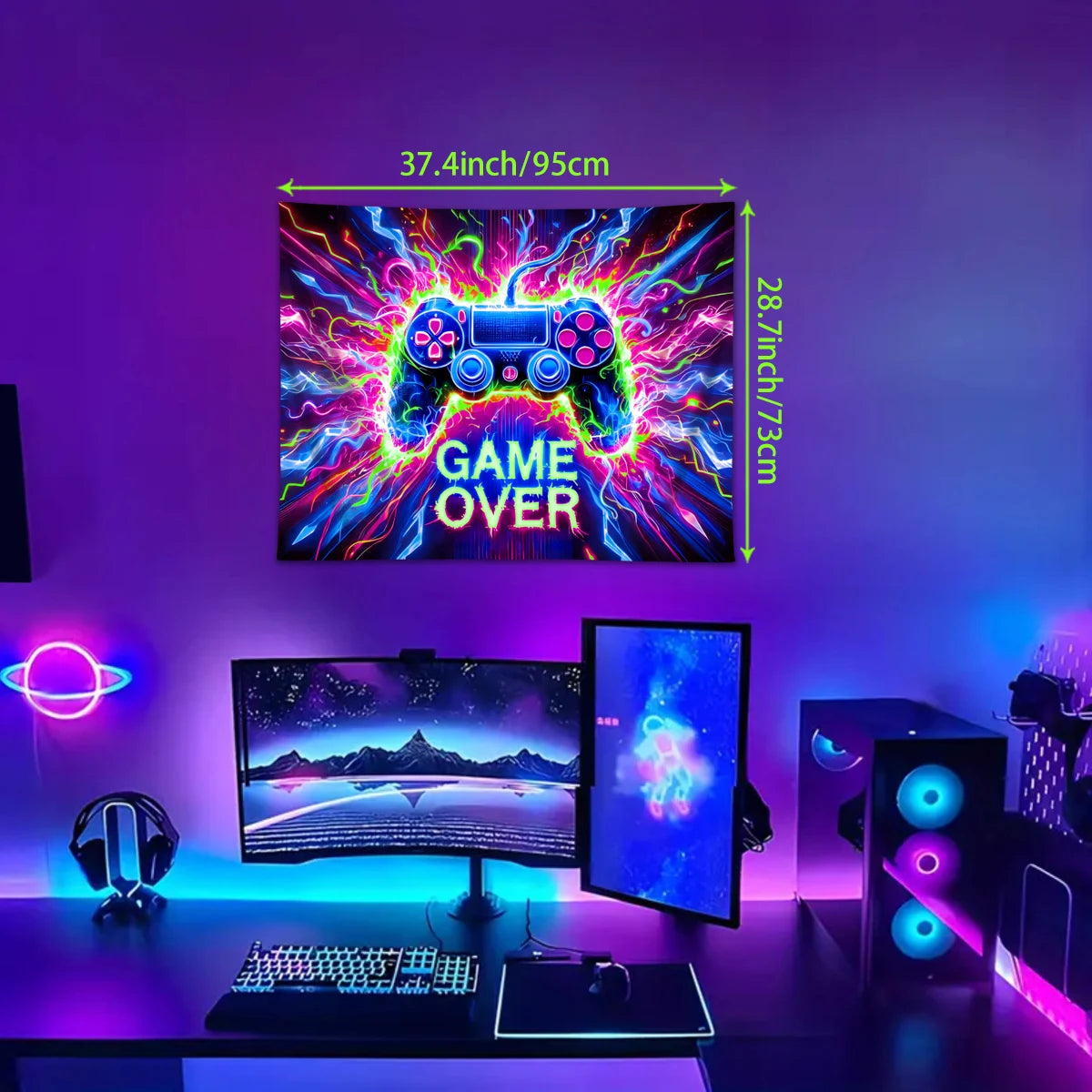 1pc Game controller fluorescent tapestry, UV reactive tapestry, e-sports room, e-sports club background decoration wall hanging