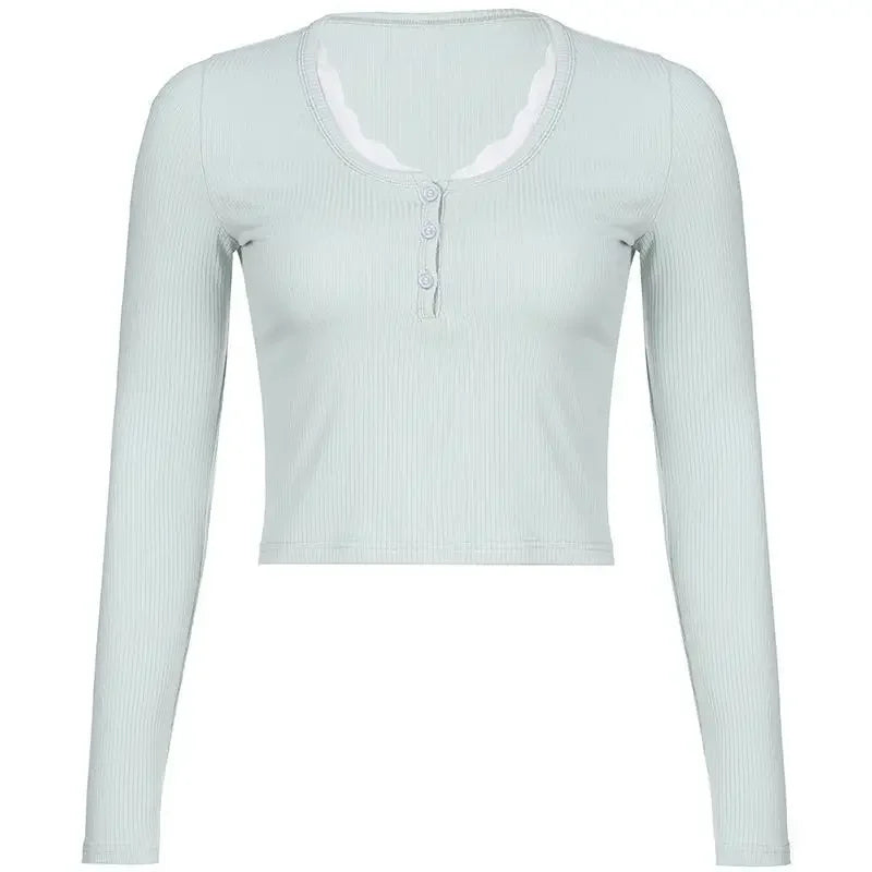 Women's T Shirts Long Sleeve Slim Lace Button Kawaii Tshirts Female Y2k Tops Casual Tees Pulovers 2024 Spring New Woman Clothin