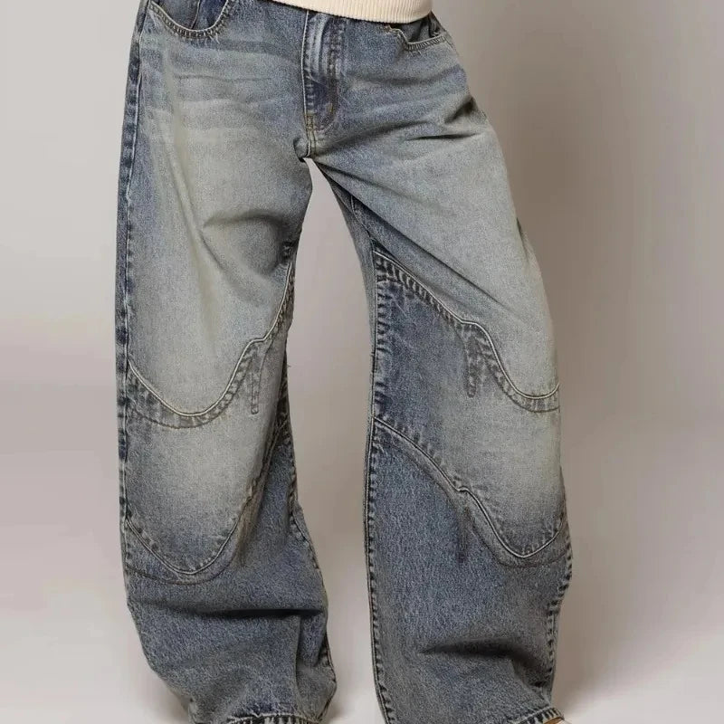 Y2K Hip-hop Stitching Fashion Joker Retro Jeans Female Korean Casual Simple Dress Essential Wide-leg Pants Loose  Joker Overalls