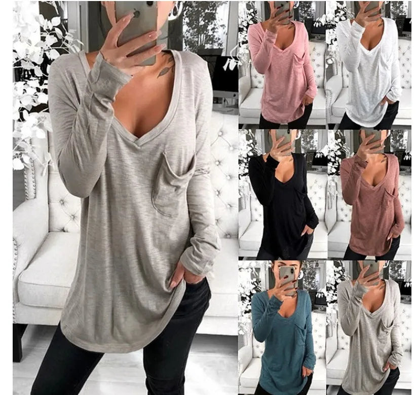 Women's Solid Color Fashion V-neck Long Sleeved T-shirt Ladies Casual Simple T-shirt