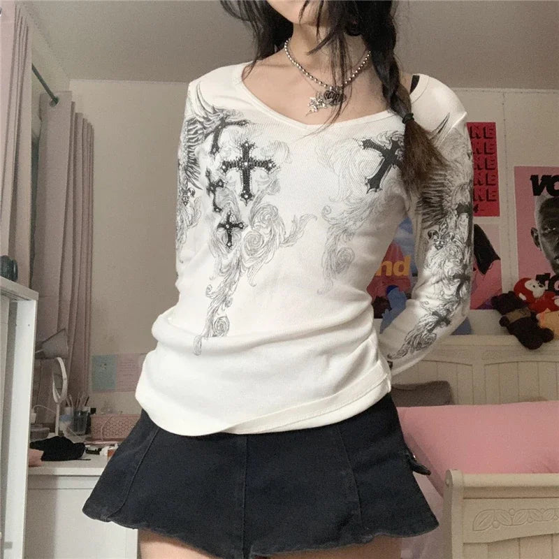 Y2k Graphic Cross Wings Print Long Sleeve Women Grunge Fairy T-shirt Harajuku Tee 2000s Aesthetic Punk Style Clothes Streetwear