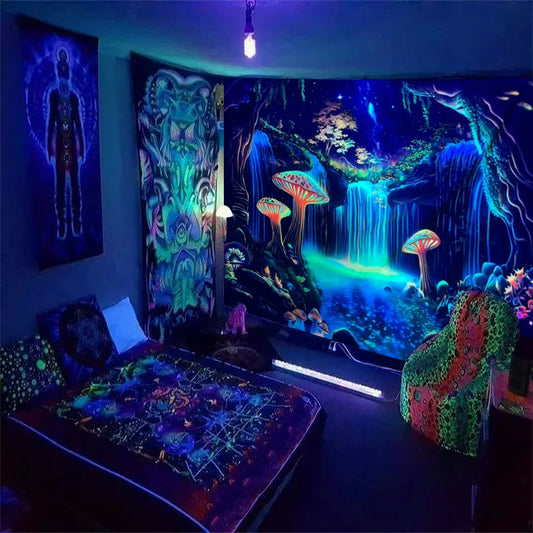 1pc Fluorescent fantasy mushroom forest tapestry, UV responsive waterfall landscape tapestry, psychedelic starry sky tapestry