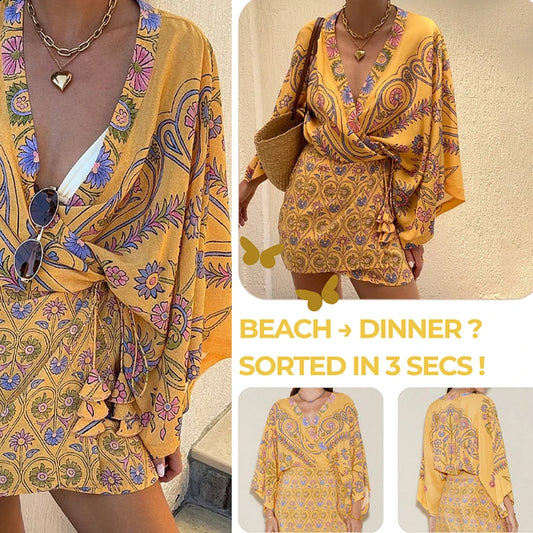 2025 New Flaxmaker Summer Women Floral Print Mini Dress Loose V-Neck Long Sleeves Casual Vacation Beach Party Short Dress