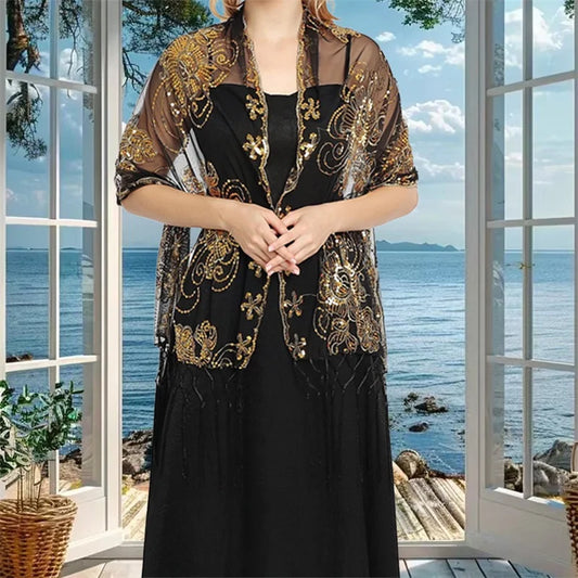 Women Shawl Wraps Elegant Sequins Flower Tassels See-through Long Scarf Shoulder Cover-up for Dresses