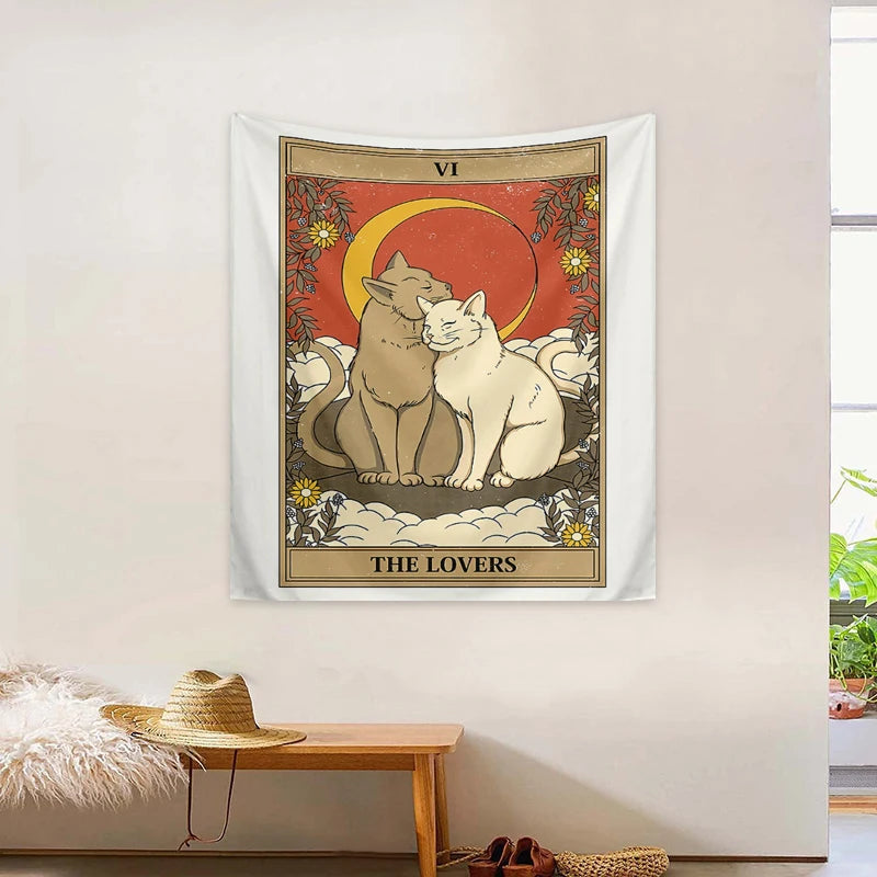 1pc Tarot Cat Tapestry, Moon Phase Sun Universe Starry Sky Tapestry, Cute Cat Wall Hanging