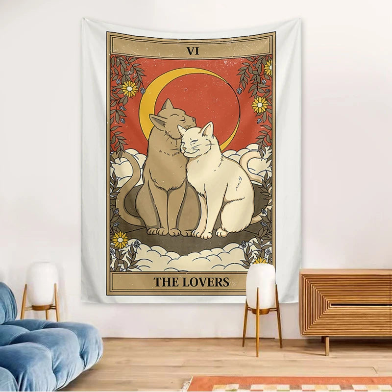 1pc Tarot Cat Tapestry, Moon Phase Sun Universe Starry Sky Tapestry, Cute Cat Wall Hanging