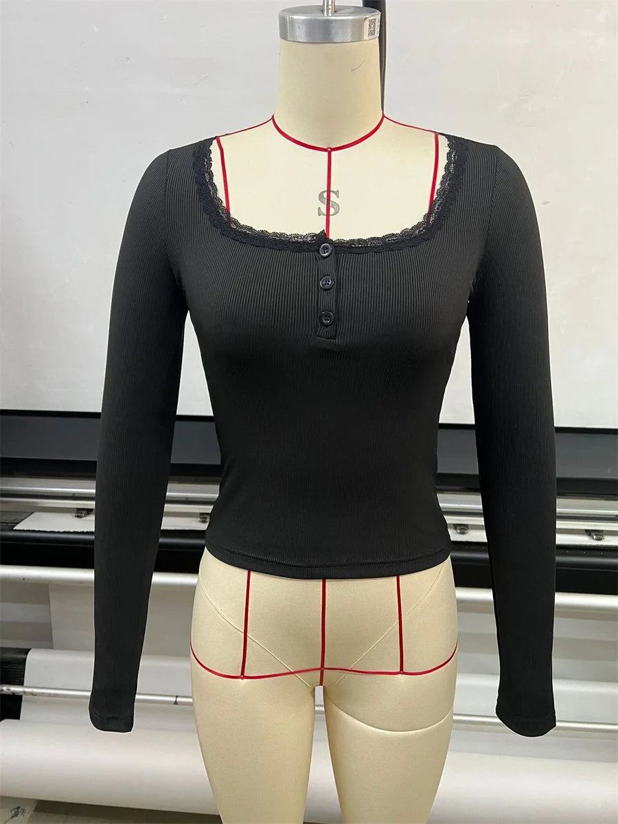 Women's 2026 New Spring Fall Lace Trim Base Blouse V-Neck Button Down Long Sleeve T-shirt Casual Knitted Slim Fit Fashion Top