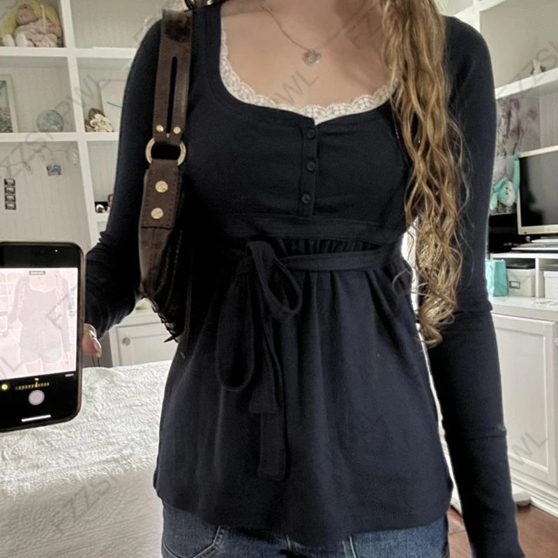 Y2K Gothic Women's Long Sleeve T-Shirt Casual Slim Chic Graphic Print Crop Top Grunge Punk Hip Hop Harajuku Aesthetic Streetwear