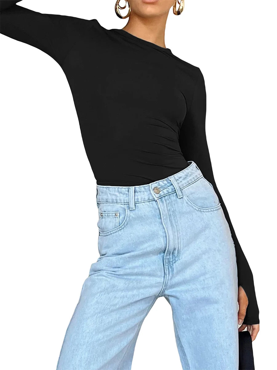 Women T-shirt, Long Sleeve Crew Neck Solid Slim Fit Ladies Crop Top with Thumb Holes for Daily Street