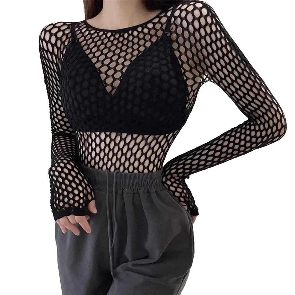 Womens Sexy Mesh Long Sleeve Fishnets Tops Fun Fashion Slim Fit Tops  Hollow Out See Through Loose Female T-shirts Crop soft Top