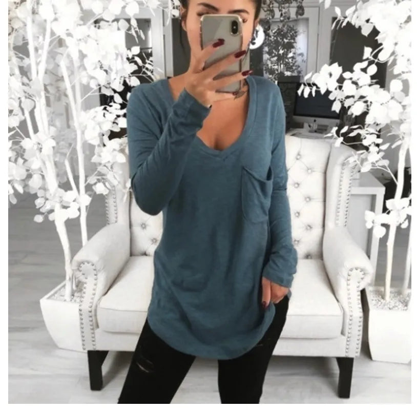 Women's Solid Color Fashion V-neck Long Sleeved T-shirt Ladies Casual Simple T-shirt