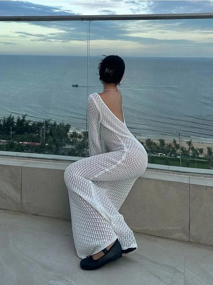 Women's Openwork Knitted Long Dresses 2024 Summer Beach V-Neck Backless Maxi Dress Bikini Cover-ups Beachwear
