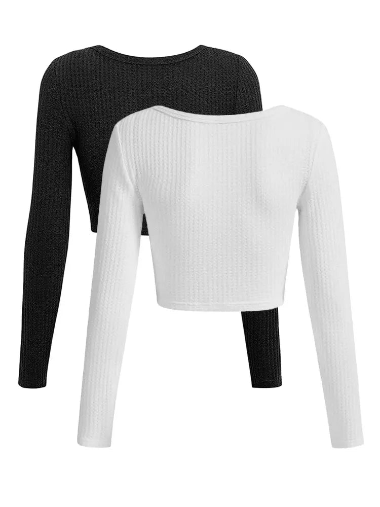 2 Pack Solid Crew Neck Crop T-Shirt Casual Long SleeveTop For Spring & Fall Women's Clothing