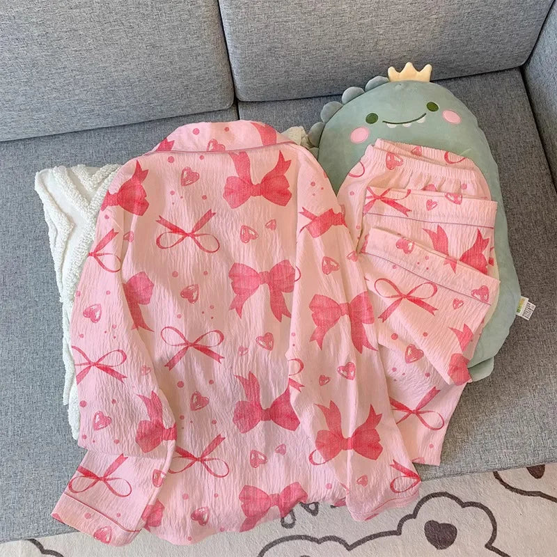 Women's Pajamas Set Bow Print Sleepwear Button Down Tops Long Pajama 2 Piece Suit Pyjama Femme Nightwear Loungewear for Winter