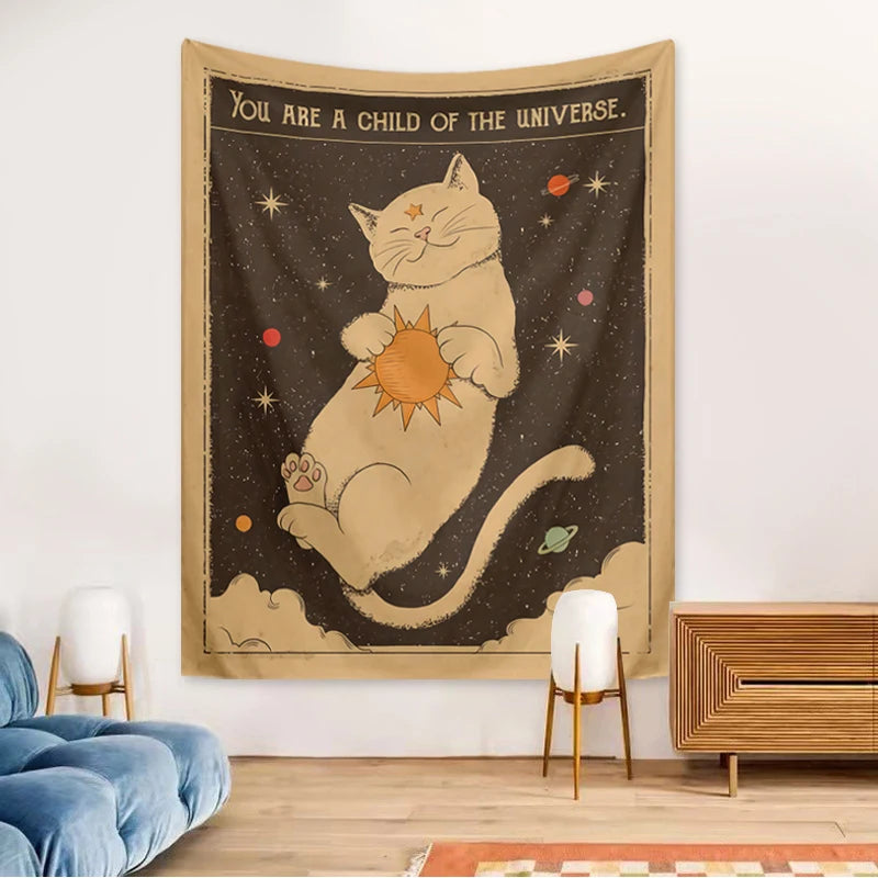 1pc Tarot Cat Tapestry, Moon Phase Sun Universe Starry Sky Tapestry, Cute Cat Wall Hanging