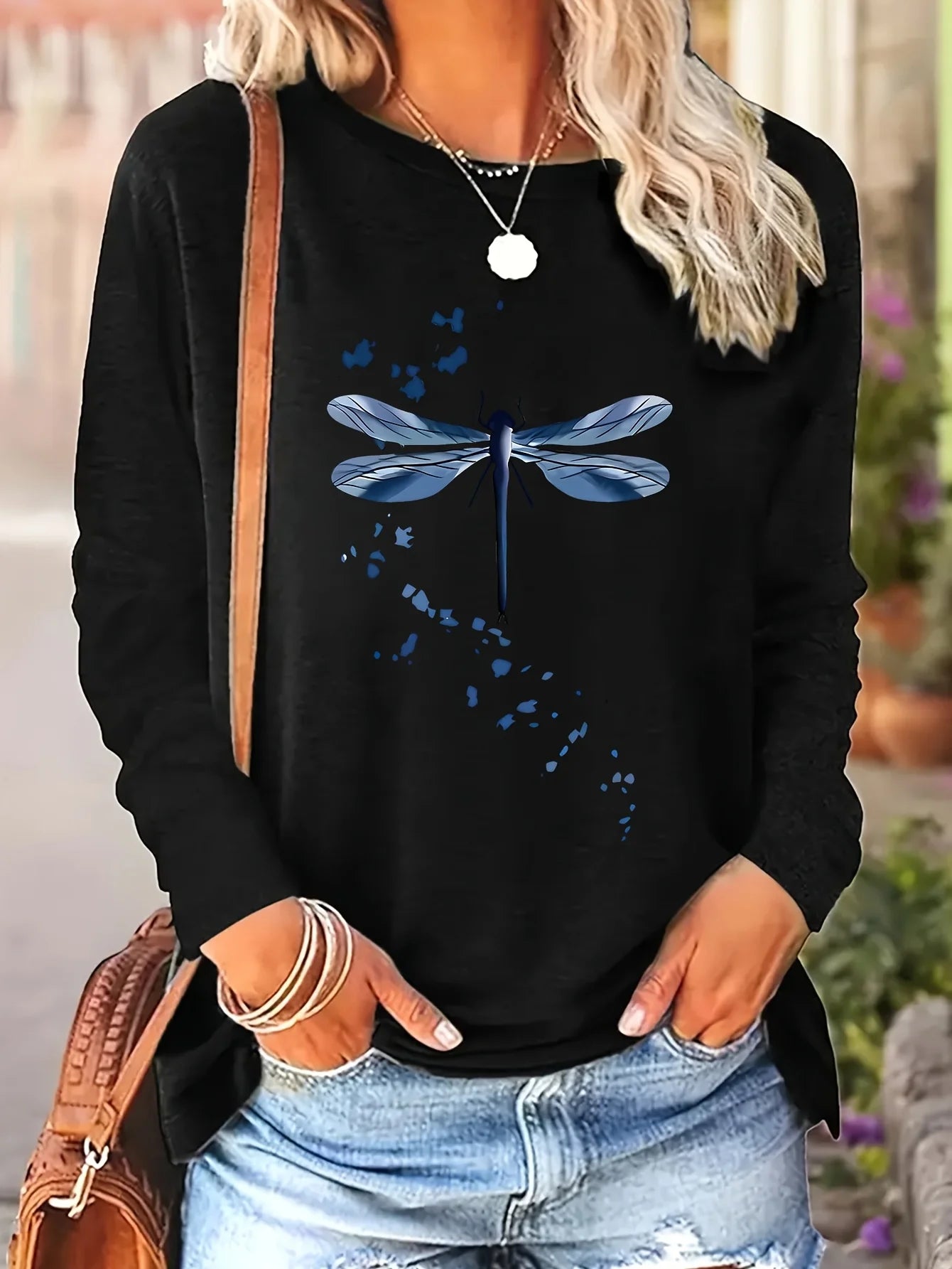 Women's Spring and Autumn 100% Cotton Fashion Casual Loose Leopard Pattern Heart Pattern Printed Round Neck Long Sleeve T-shirt