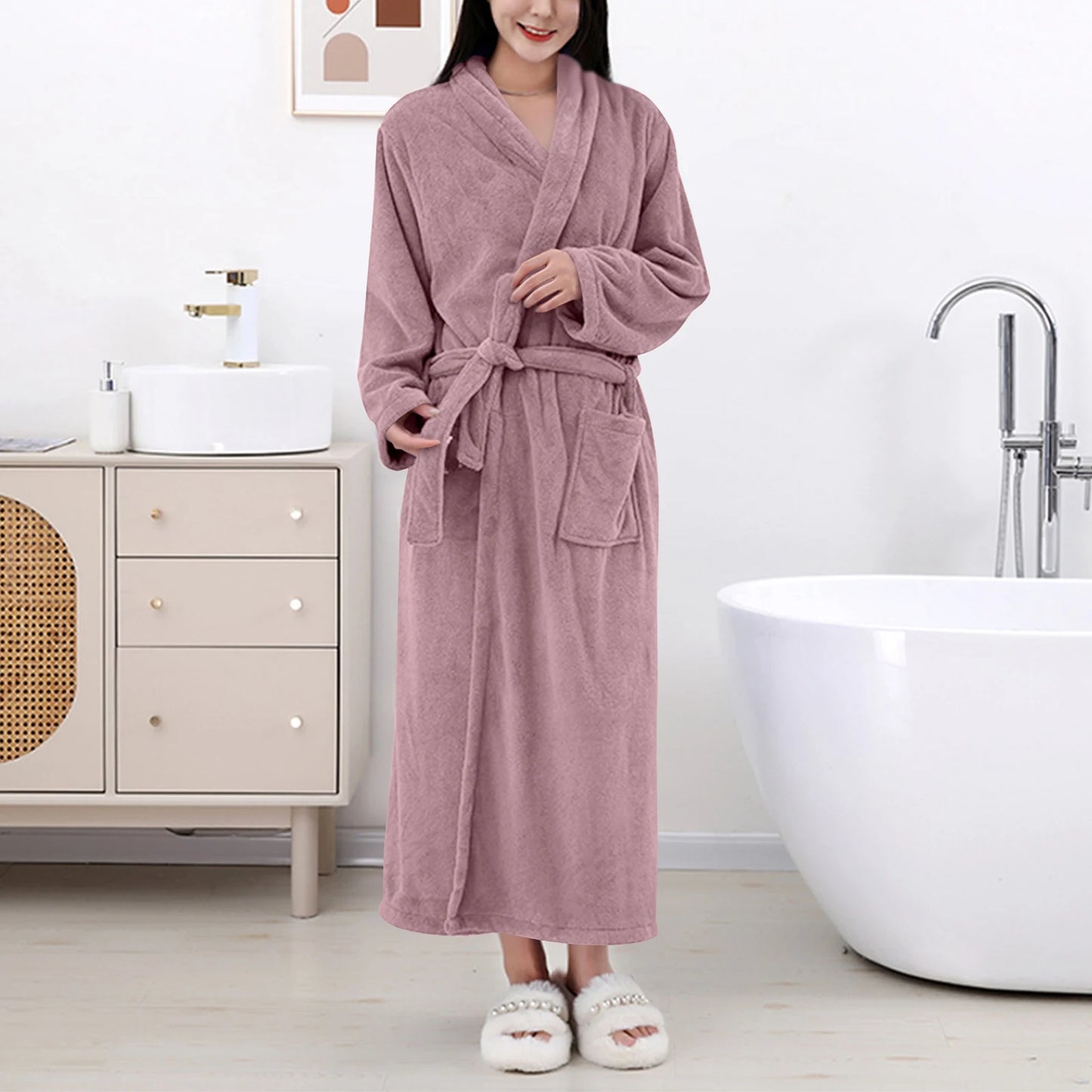 Women's Coral Fleece Robe Autumn Winter New Style Medium Length Home Indoor Wear Warmth Comfortable Sleepwear Nightgown
