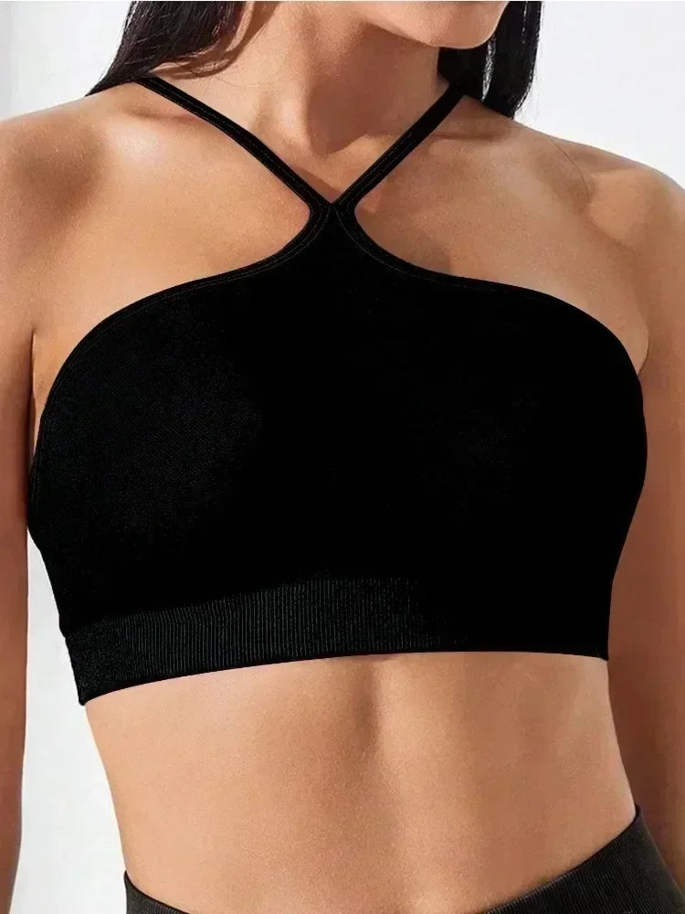 Women's Criss Cross Slim Fit Sports Cami Top Seamless Halter Crop Tee Shirt Tops Workout Tops