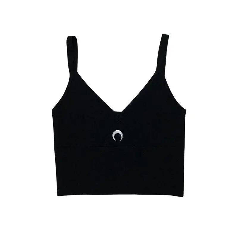 Women's Crescent Moon Sports Tank Top Summer New Design Slim Fit Cropped Backless Vest with Moon Embroidery