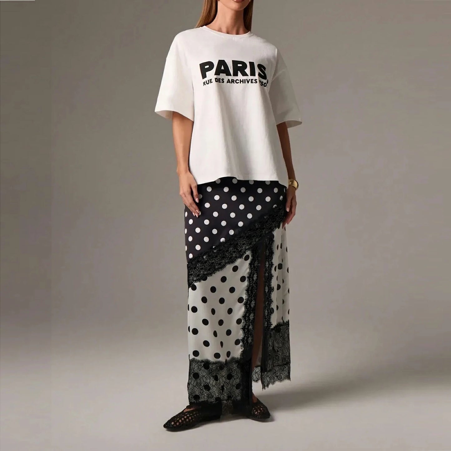 Women's Summer Elegant High Waist Long Satin Silk Skirt Dot Print Lace Trim Patchwork Contrast Color Side Split Skirt