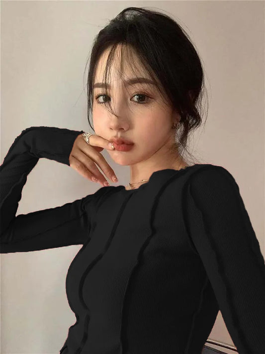 Women Spring Long Sleeve T-shirts Solid O-Neck Elegant Bright Line Decoration Slim Casual Soft High Quality Ladies Clothing Tees