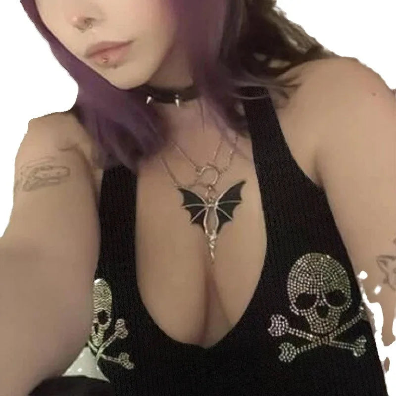 Y2k Aesthetic Grunge Graphics Rhinestone Skeleton Print  Sexy Vintage Punk Gothic Camisole Crop Top Emo Girls Tank Tops
