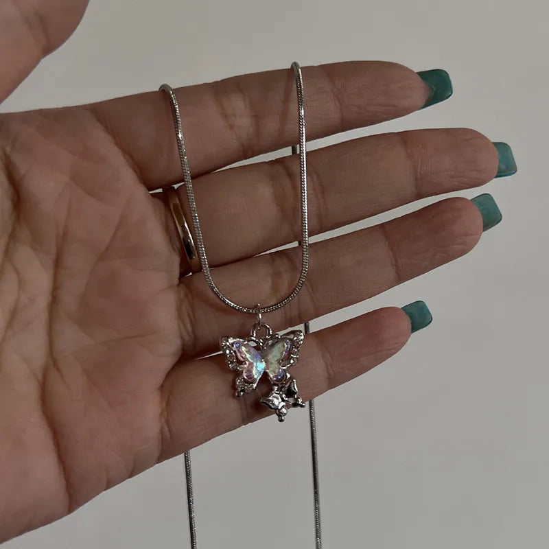 Y2K Crystal Butterfly Heart Necklace Fashion Kpop Shiny Clavicle Chain Necklaces for Women Girls New Trend Party Gifts Jewelry